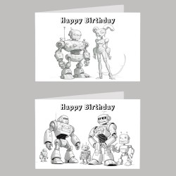 Robot Colour In Birthday Card Pack/ Set of 6, Craft, Art, Blank Cards, Kids