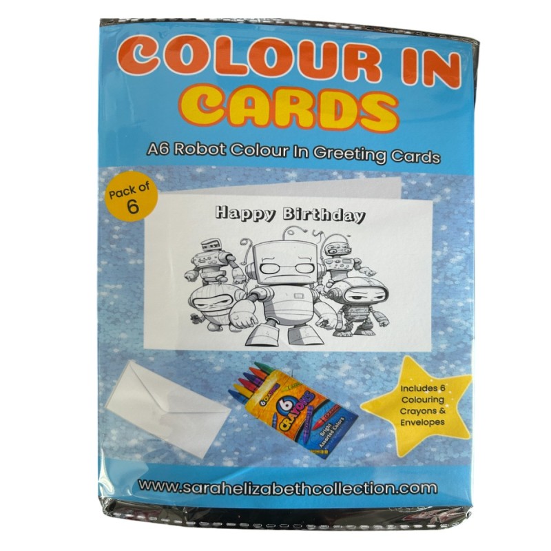 Robot Colour In Birthday Card Pack/ Set of 6, Craft, Art, Blank Cards, Kids