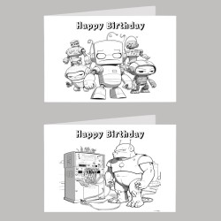 Robot Colour In Birthday Card Pack/ Set of 6, Craft, Art, Blank Cards, Kids