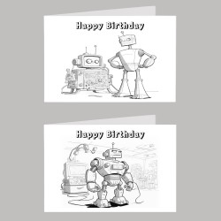 Robot Colour In Birthday Card Pack/ Set of 6, Craft, Art, Blank Cards, Kids