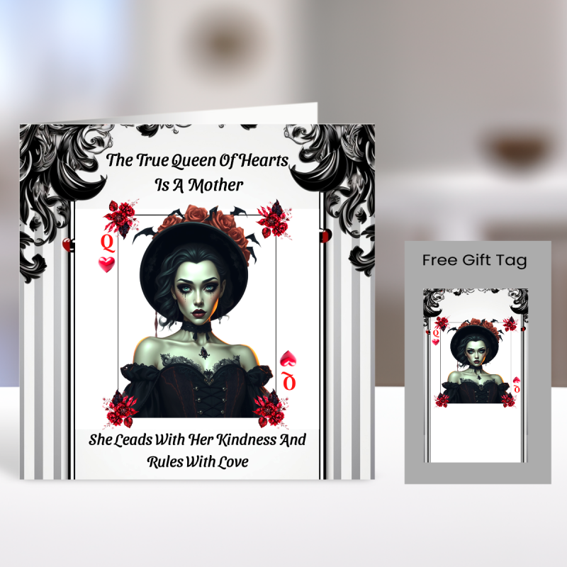 Queen Of Hearts Mothers Day Card & Matching Gift Tag /Gothic, Heart, Alternative