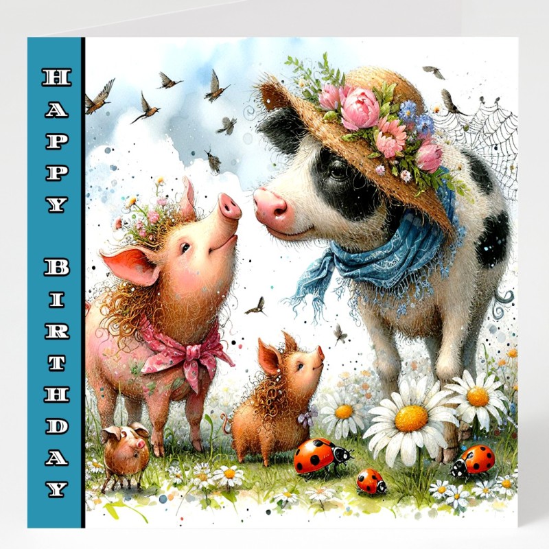 Birthday Card with Matching Gift Tag / Farm, Animals, Cute, For her, For Him