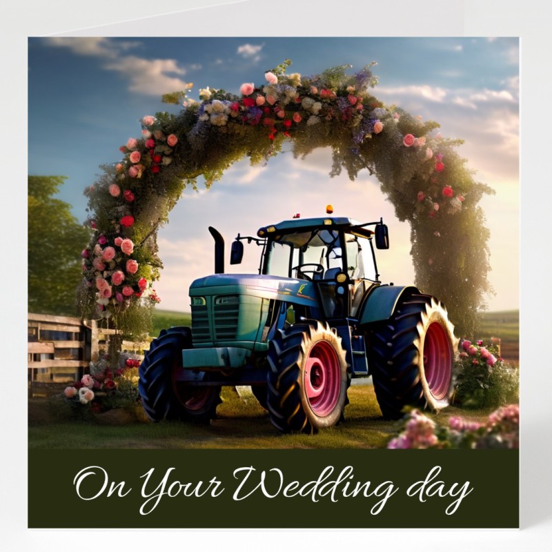 Wedding Day Card & Matching Gift Tag /Farm Wedding, Tractor, Marriage, Floral