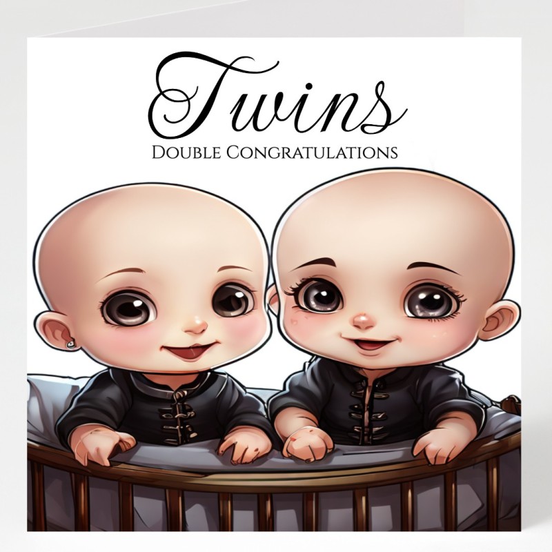 Twins Baby Card & Matching Gift Tag Inc/ Goth Theme, Gothic Style, Gothic Babies