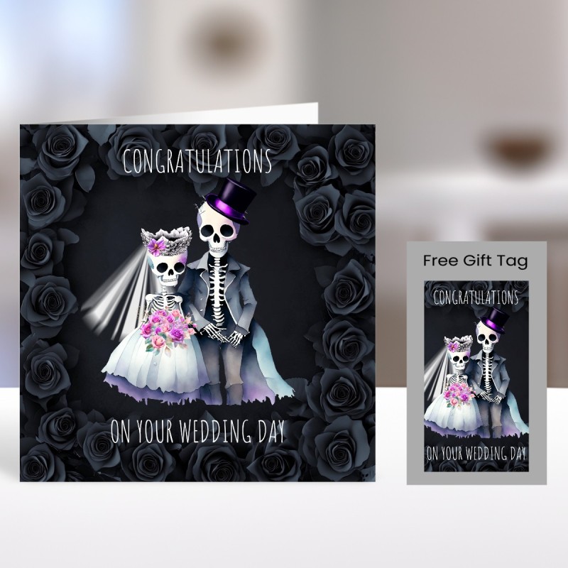 Wedding Day Skeleton Card & Matching Gift Tag /Gothic theme, Gothic, Alternative