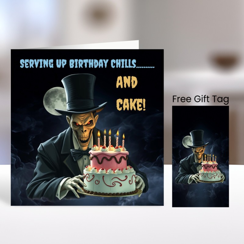 Birthday Card with Matching Gift Tag /Gothic theme, Skeleton, Cake, Alternative