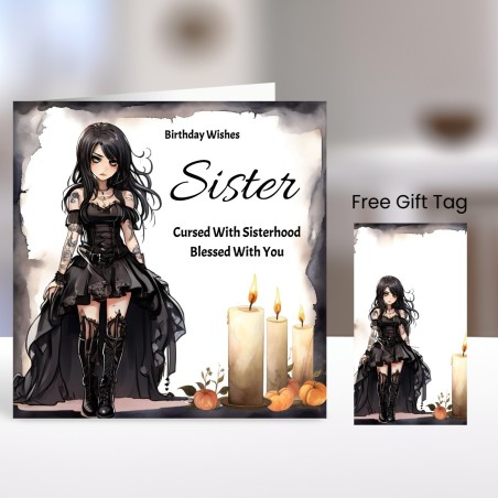 Sister Birthday Card with Gift Tag / Gothic Style, Girl, Alternative Card