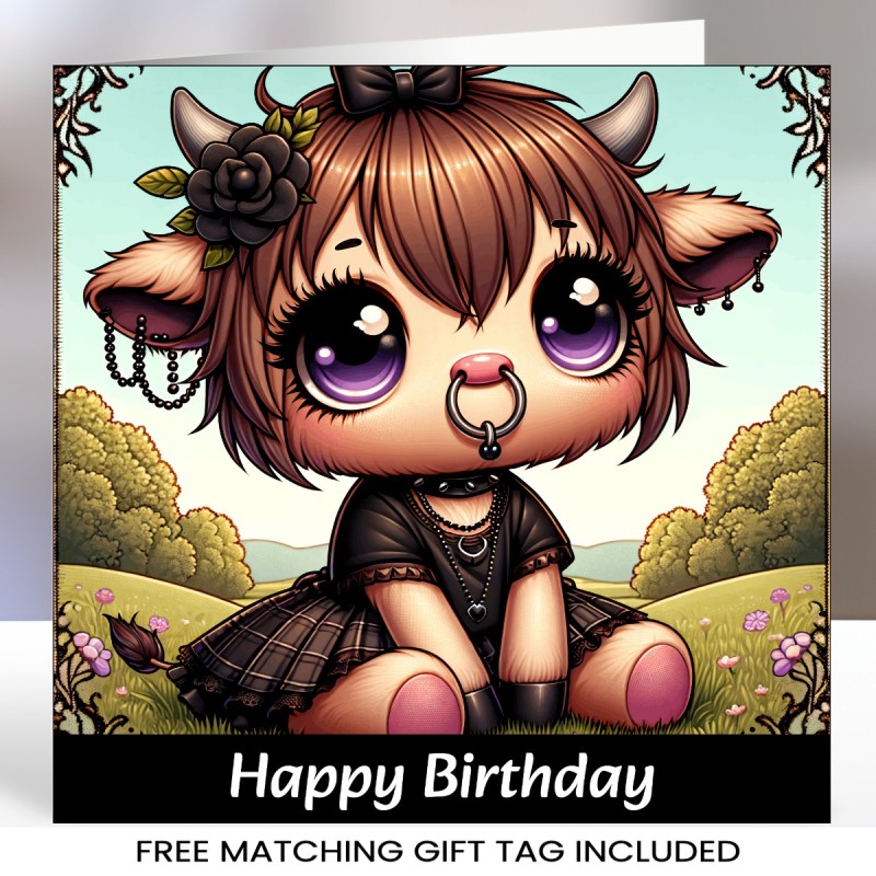 Gothic Emo Highland Cow Card with Matching Gift Tag, Gothic Theme, Highland Cow,