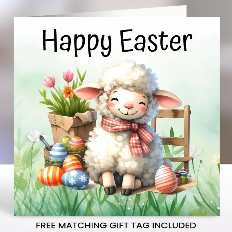 Easter Sheep Greeting Card with Matching Gift Tag/ Easter Eggs